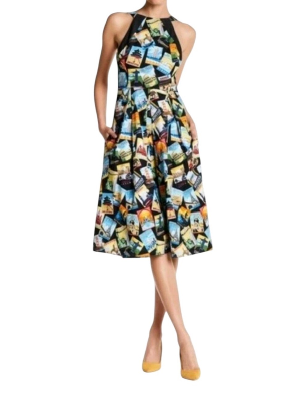 Eva Franco World Travel Postcard Print Halter Dress Open Back Pockets 8 Midi